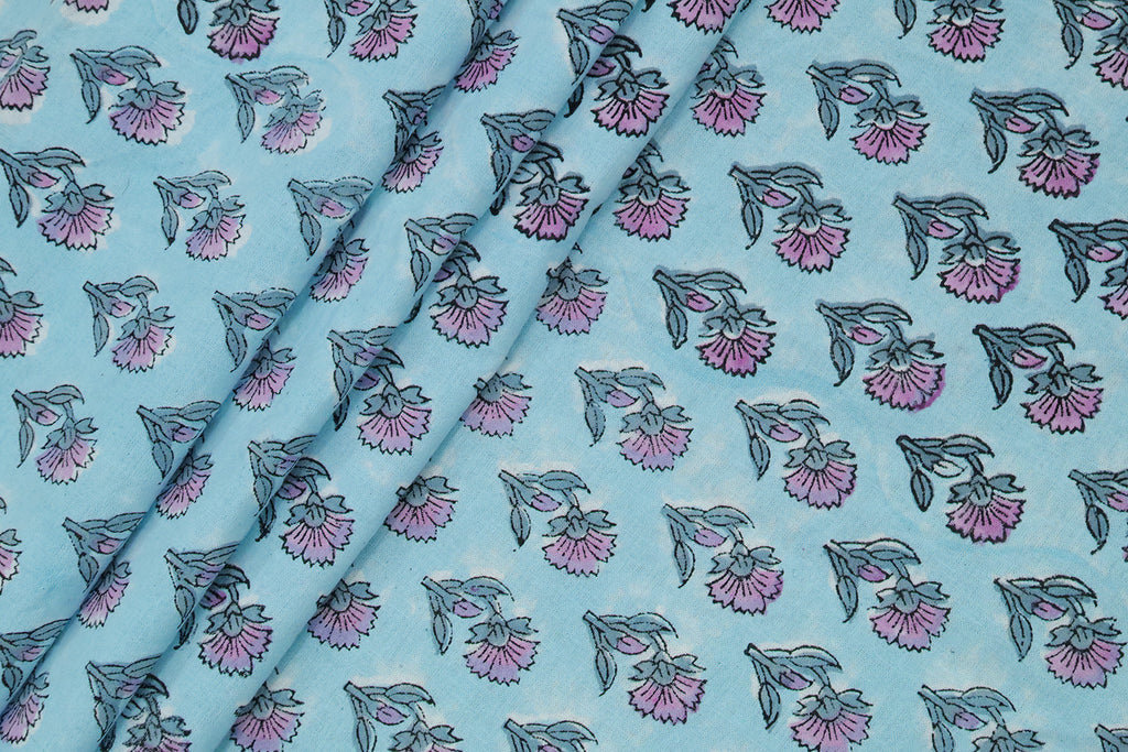Blue Floral Blockprint Cotton Fabric: Handstamped Indian Fabric