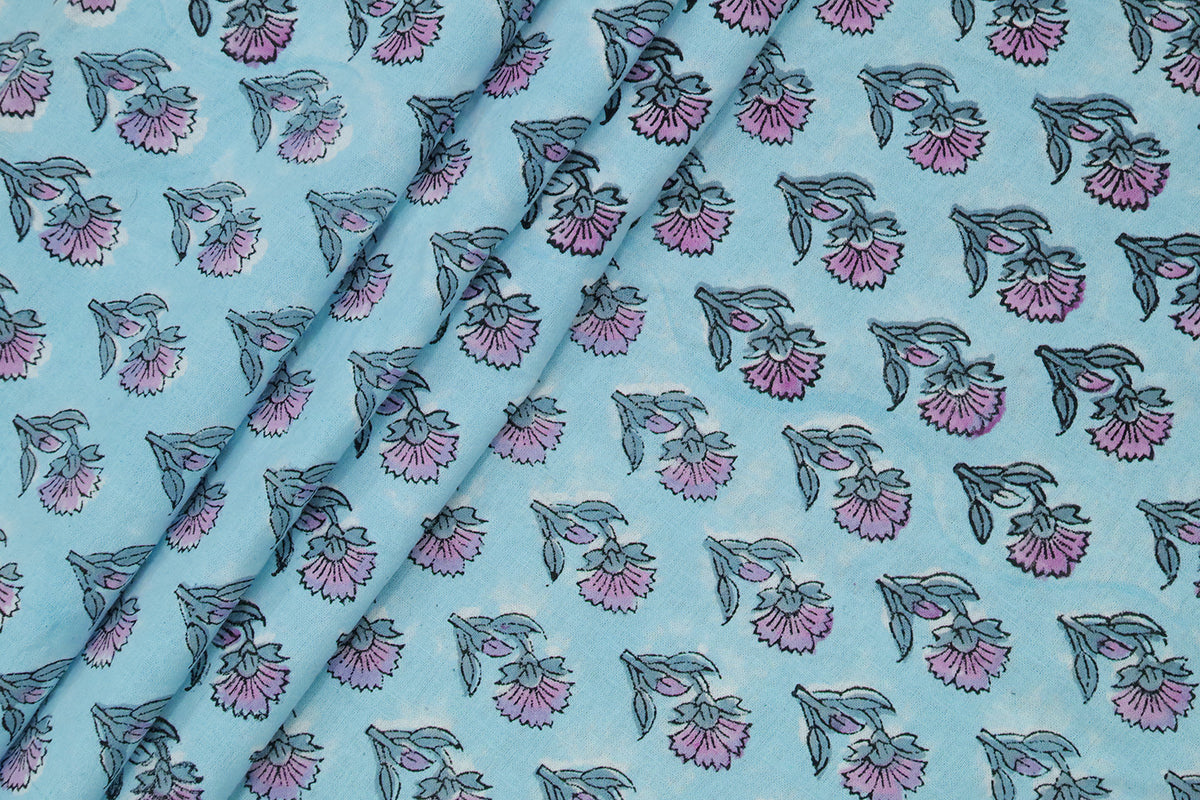 Blue Floral Blockprint Cotton Fabric: Handstamped Indian Fabric