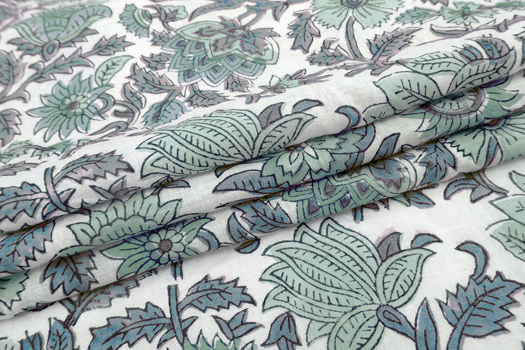 Hand Block Print Cotton Fabric: Green Floral Indian Fabric by the Yard