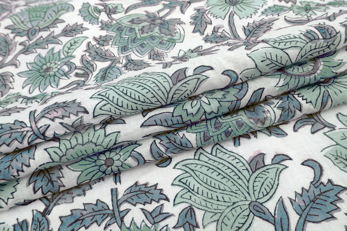 Hand Block Print Cotton Fabric: Green Floral Indian Fabric by the Yard