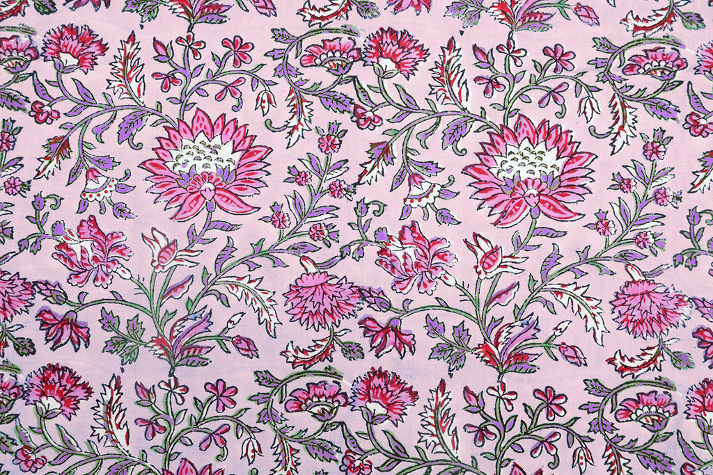 Pink Floral Block Print Cotton Fabric: Hand-Stamped Indian Fabric