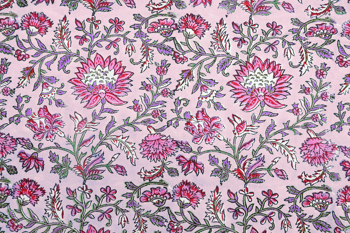 Pink Floral Block Print Cotton Fabric: Hand-Stamped Indian Fabric