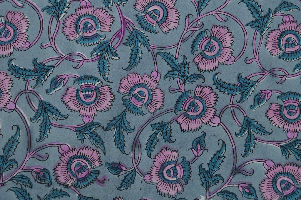 Mughal Floral Print Cotton Fabric: Blue & Pink Hand Block Print