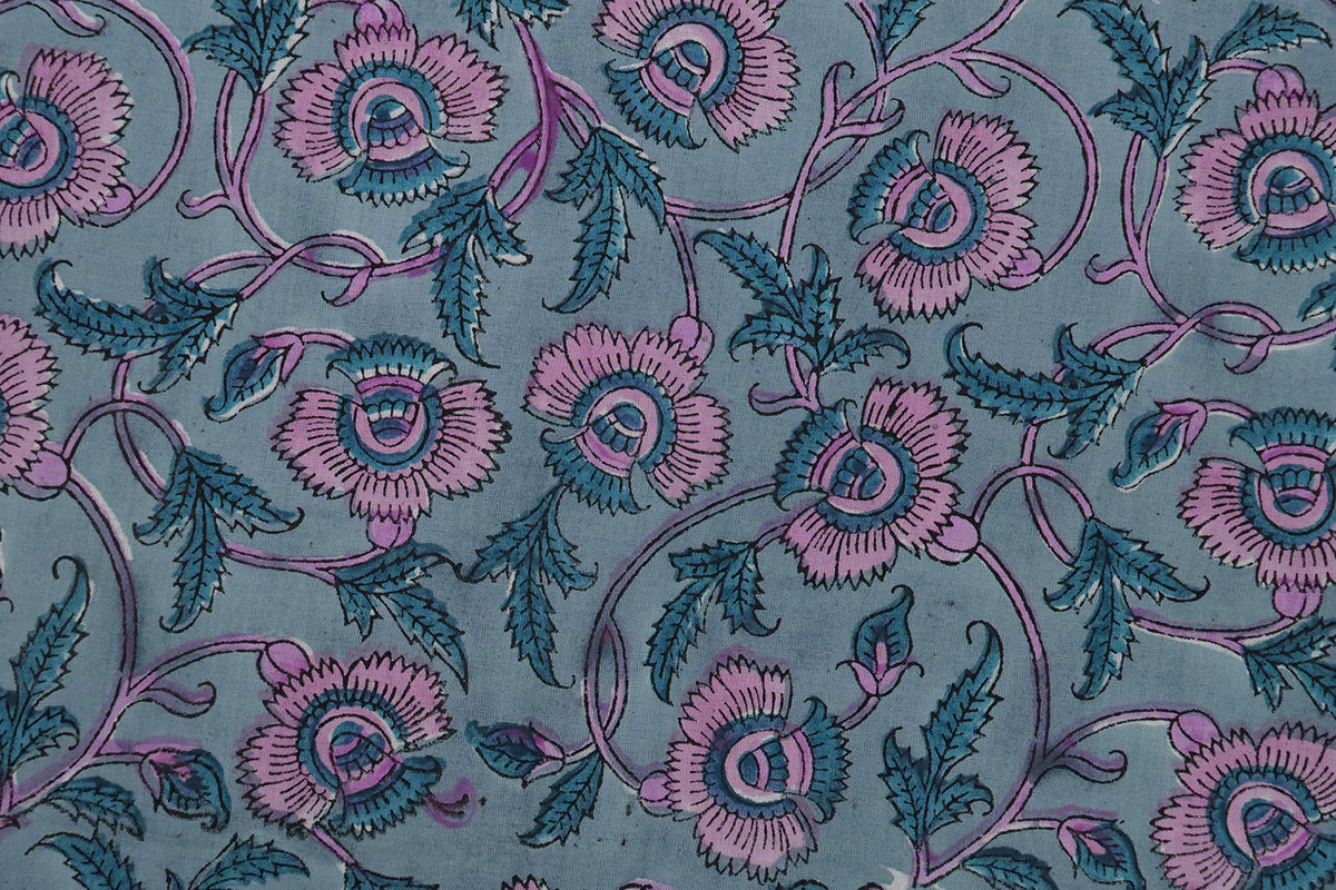 Mughal Floral Print Cotton Fabric: Blue & Pink Hand Block Print