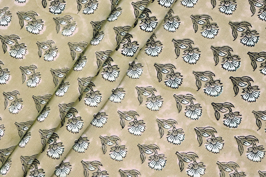 Floral Block Print Cotton Fabric: Brown & White Mughal Design