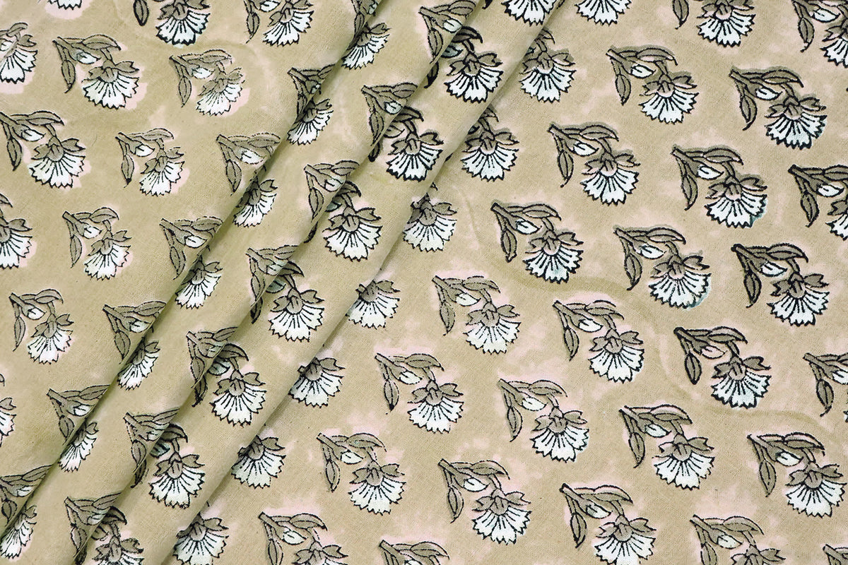 Floral Block Print Cotton Fabric: Brown & White Mughal Design