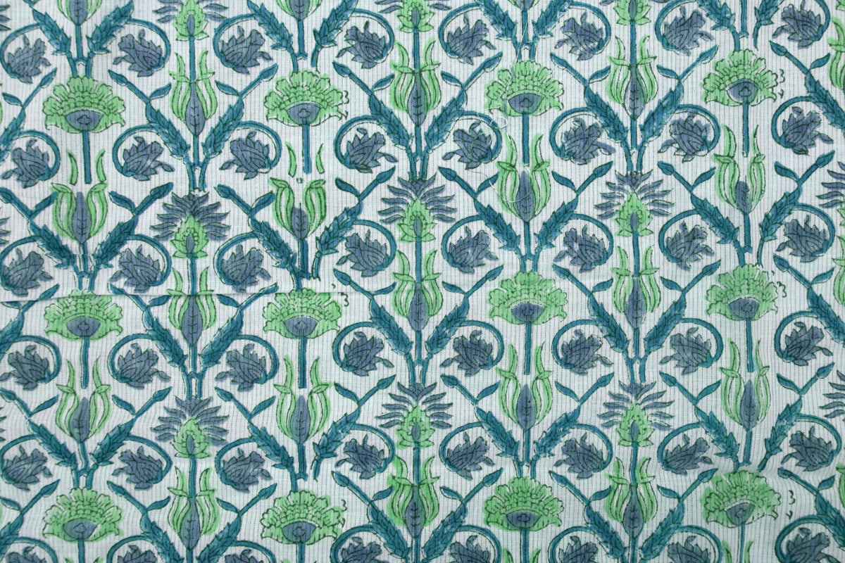 Floral Block Print Cotton Fabric: Blue, White & Green Indian Fabric