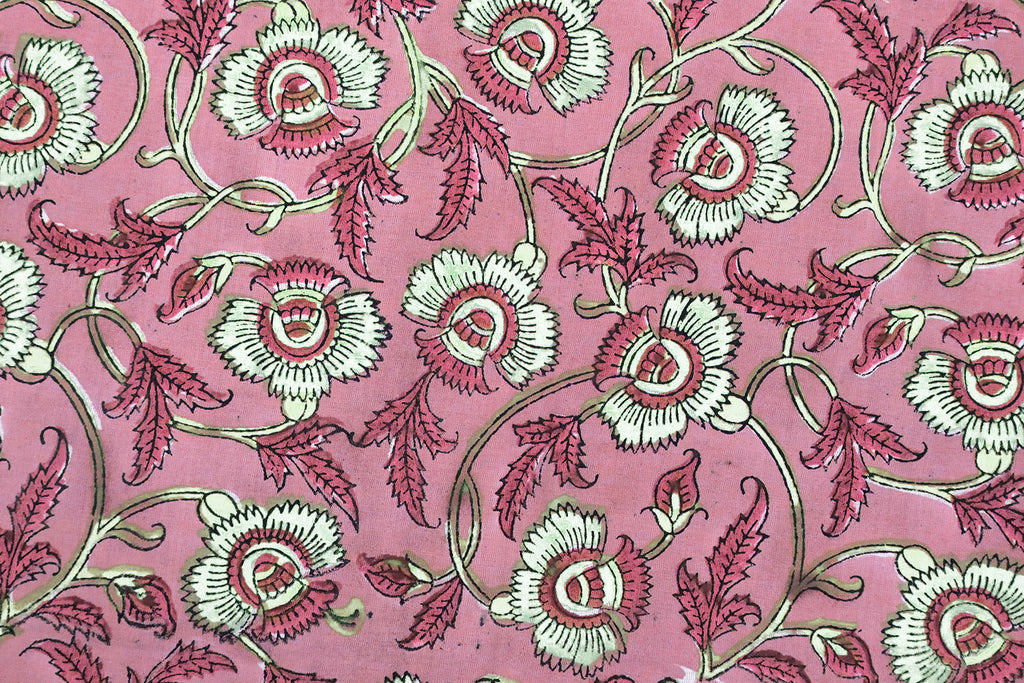 Pink Floral Cotton Fabric: Hand Block Print Indian Fabric by the Yard