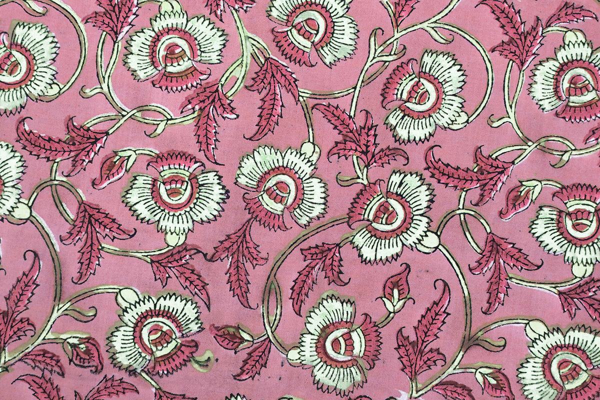 Pink Floral Cotton Fabric: Hand Block Print Indian Fabric by the Yard