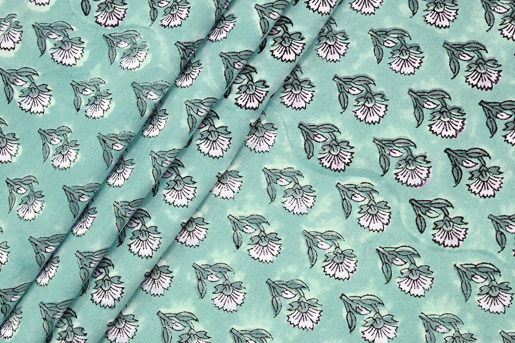 Blue Floral Block Print Cotton Fabric: Handstamped Indian Fabric