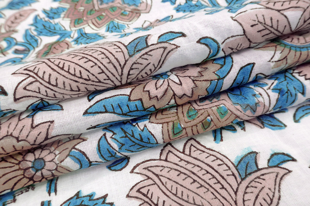 Hand Block Print Cotton Fabric: Pink, Blue Floral Indian Fabric by the Yard