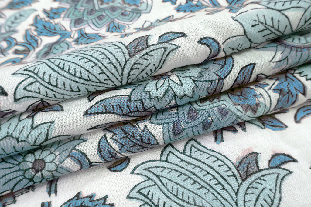 Hand Block Print Cotton Fabric: Green Floral Indian Fabric by the Yard