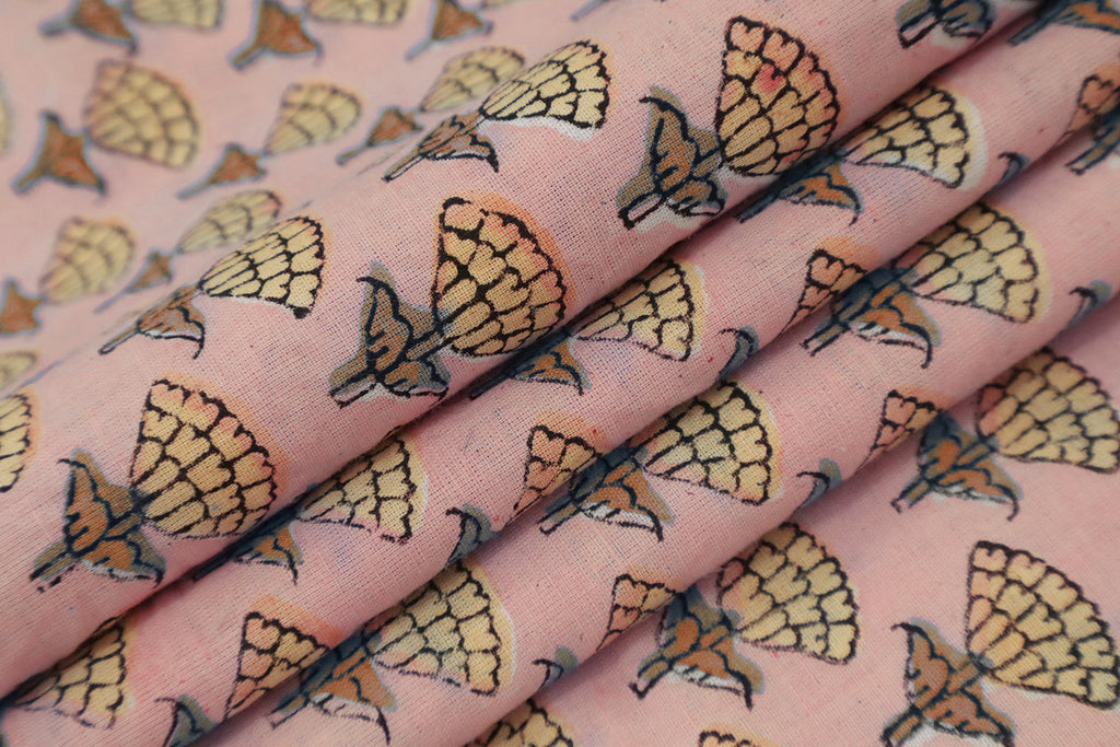 Pink Floral Blockprint Cotton Fabric: Handstamped Indian Fabric