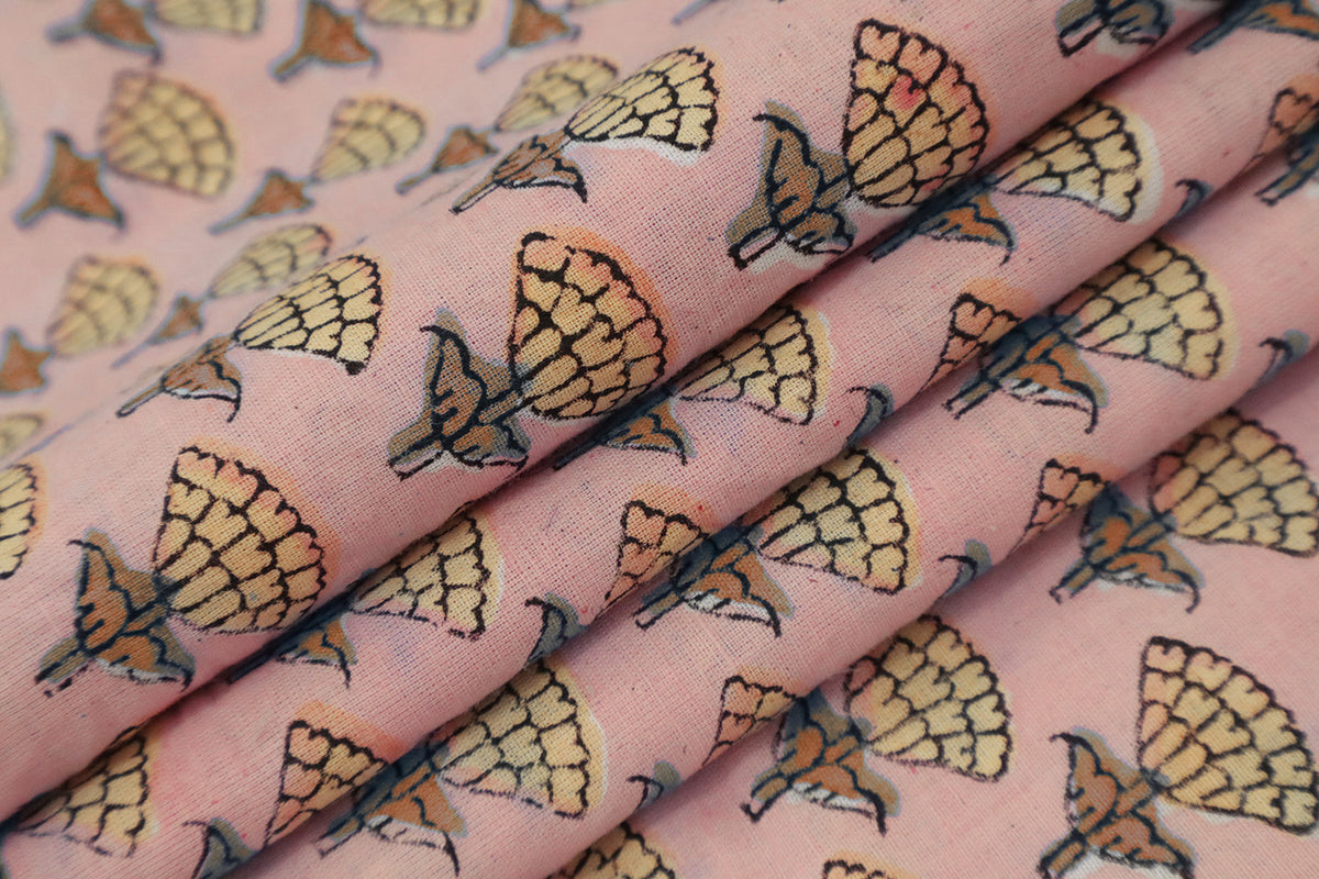 Pink Floral Blockprint Cotton Fabric: Handstamped Indian Fabric