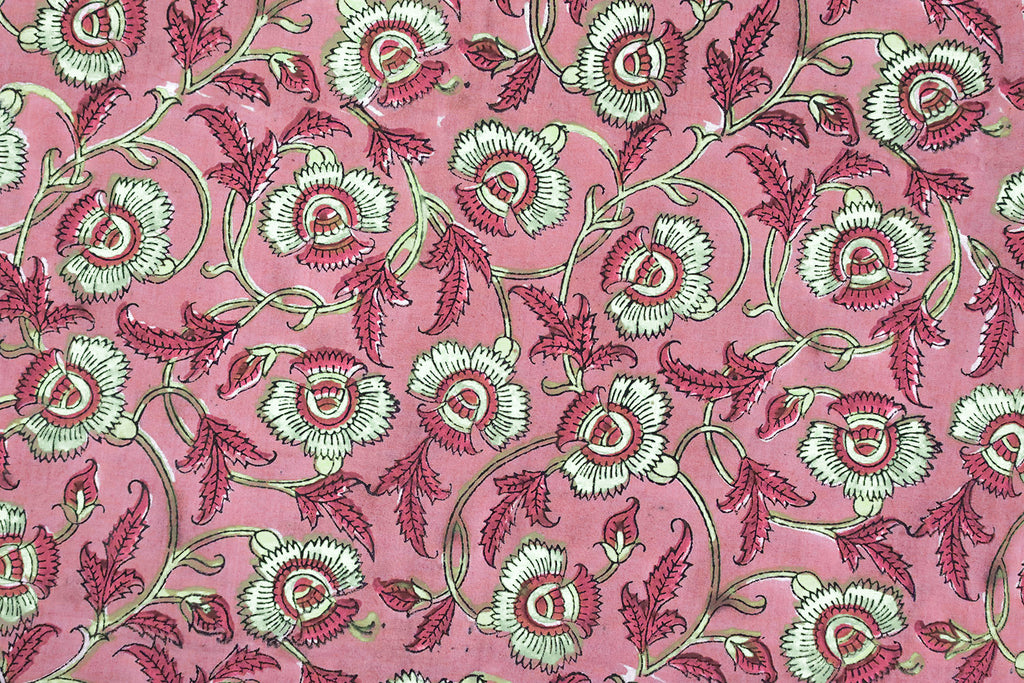 Pink Floral Cotton Fabric: Hand Block Print Indian Fabric by the Yard