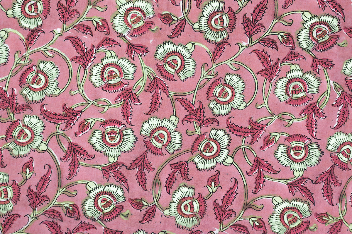 Pink Floral Cotton Fabric: Hand Block Print Indian Fabric by the Yard