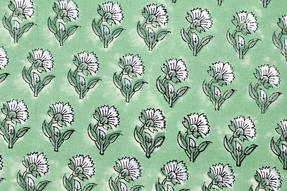 Green Floral Blockprint Cotton Fabric: Handstamped Indian Fabric