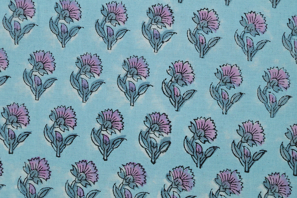 Blue Floral Blockprint Cotton Fabric: Handstamped Indian Fabric
