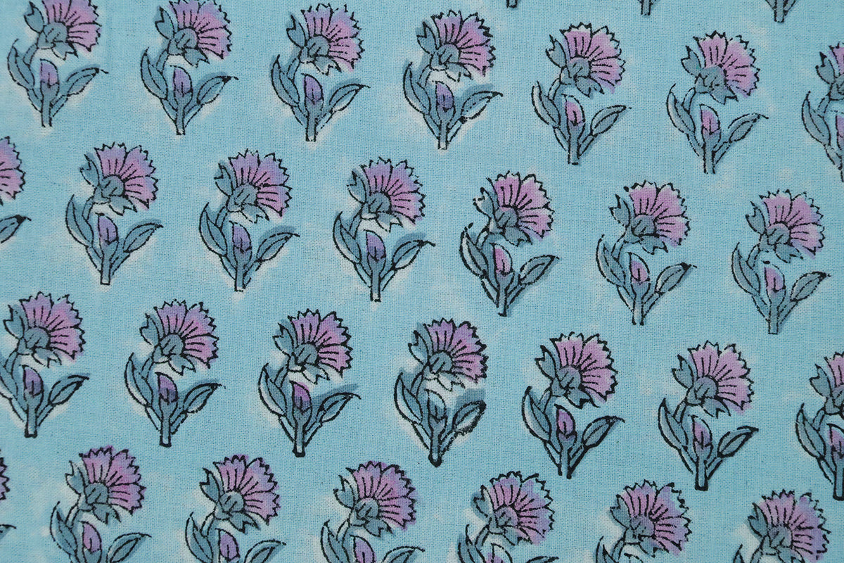 Blue Floral Blockprint Cotton Fabric: Handstamped Indian Fabric