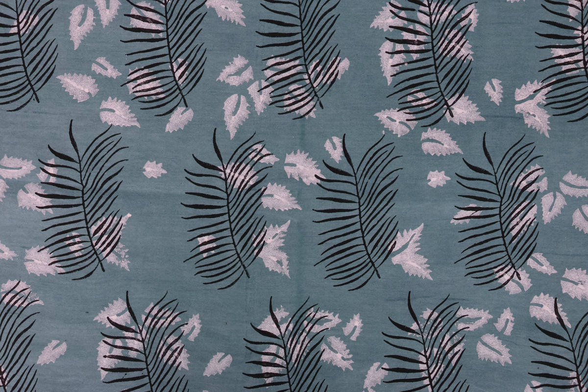 Blue Cotton Blockprint Fabric: Handstamped Floral Print