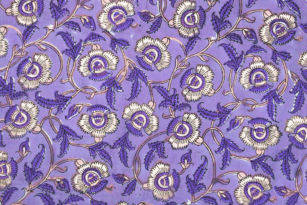 Purple Floral Cotton Fabric: Hand Block Print Indian Fabric by the Yard