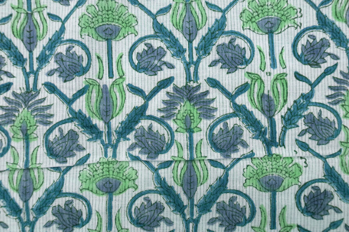Floral Block Print Cotton Fabric: Blue, White & Green Indian Fabric