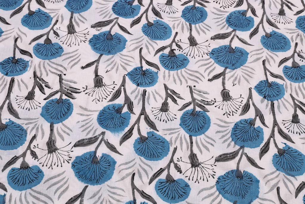 Blue Floral Blockprint Cotton Fabric: Handstamped Indian Fabric