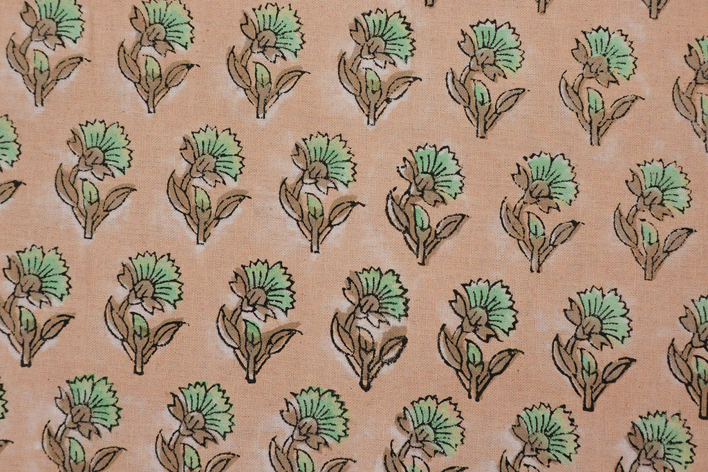 Peach Floral Block Print Cotton Fabric: Indian Handstamped Material