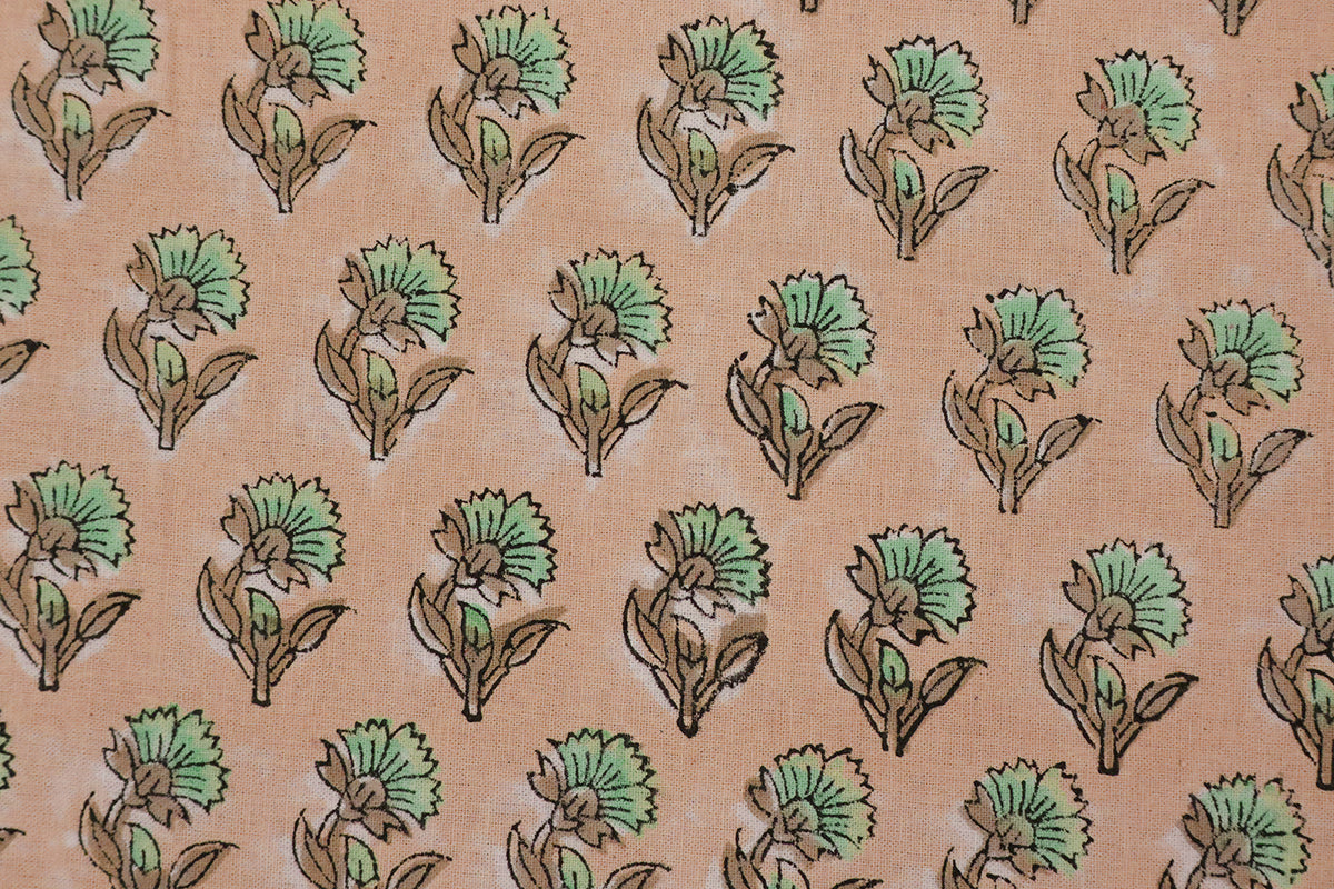 Peach Floral Block Print Cotton Fabric: Indian Handstamped Material