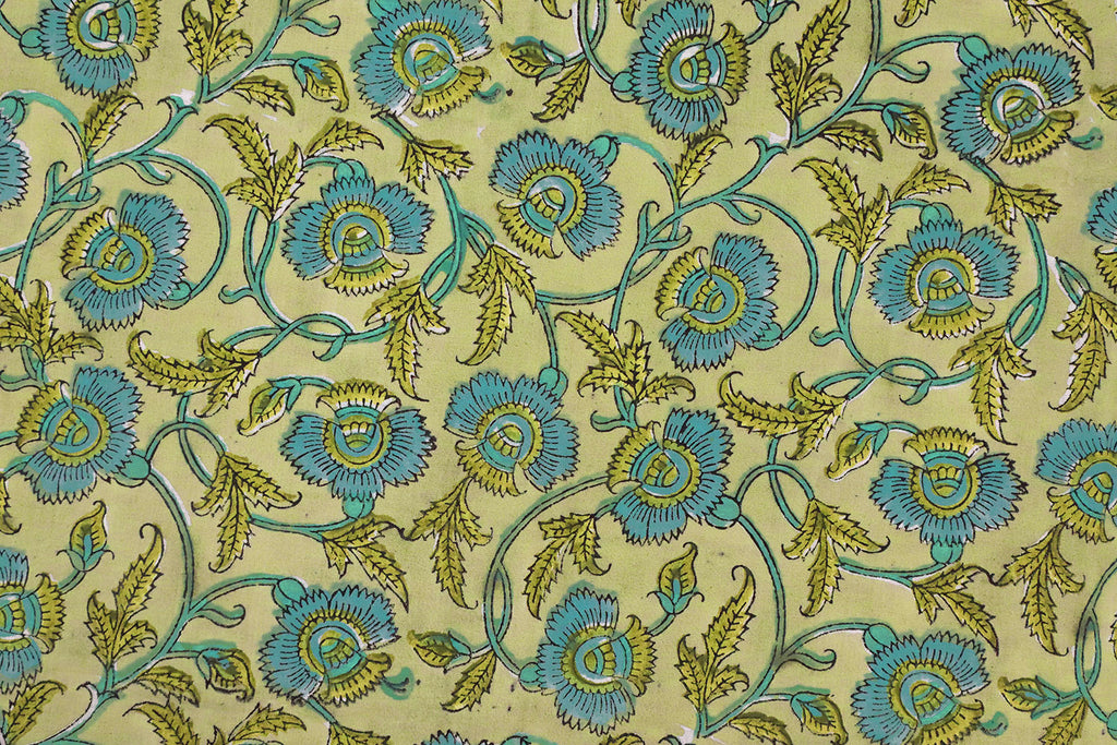 Floral Block Print Cotton Fabric: Blue & Yellow Indian Fabric by the Yard