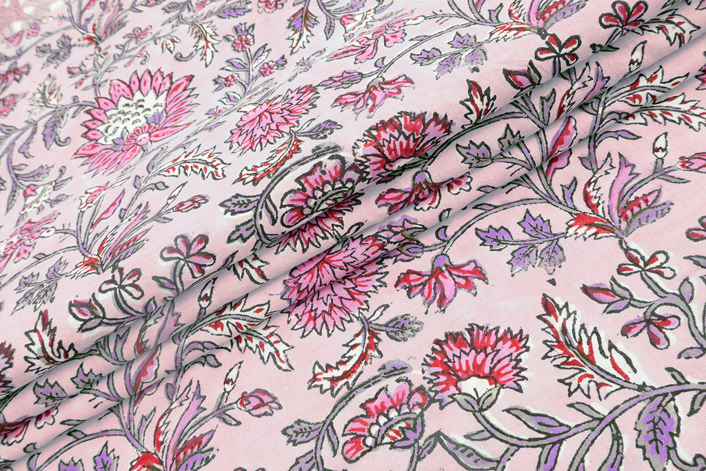 Pink Floral Block Print Cotton Fabric: Hand-Stamped Indian Fabric