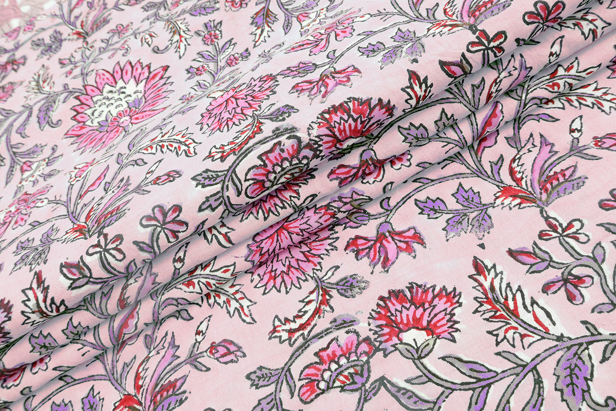 Pink Floral Block Print Cotton Fabric: Hand-Stamped Indian Fabric