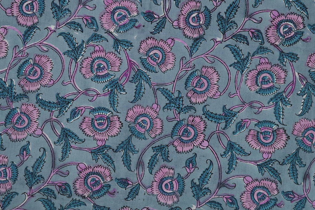 Mughal Floral Print Cotton Fabric: Blue & Pink Hand Block Print