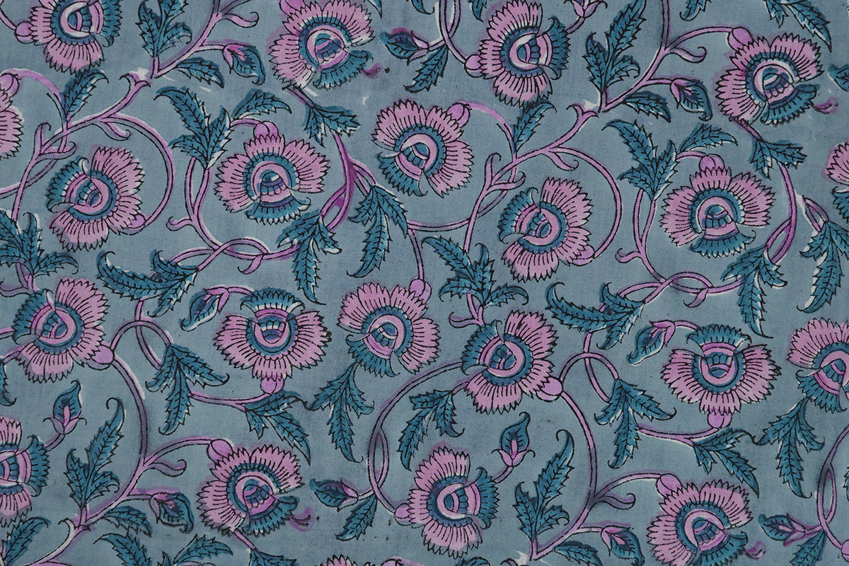 Mughal Floral Print Cotton Fabric: Blue & Pink Hand Block Print