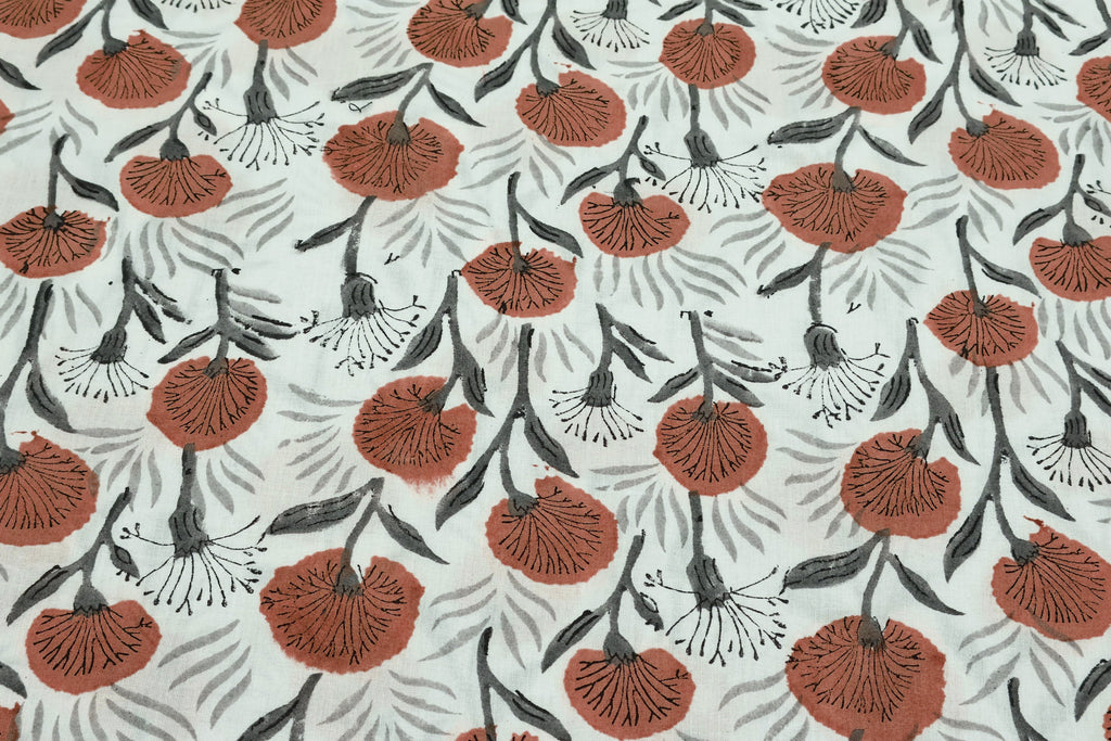 Red Floral Blockprint Cotton Fabric: Handstamped Indian Fabric