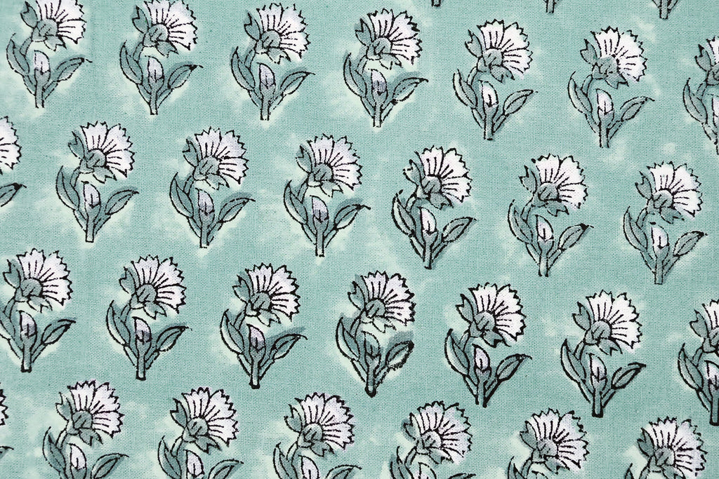 Blue Floral Block Print Cotton Fabric: Handstamped Indian Fabric