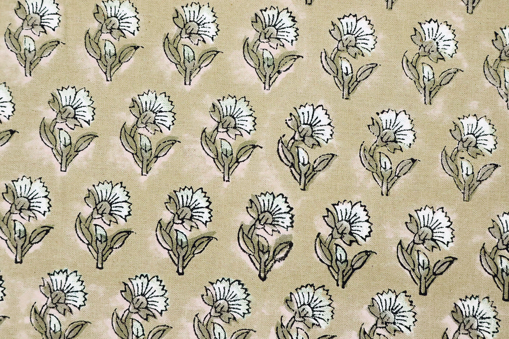 Floral Block Print Cotton Fabric: Brown & White Mughal Design