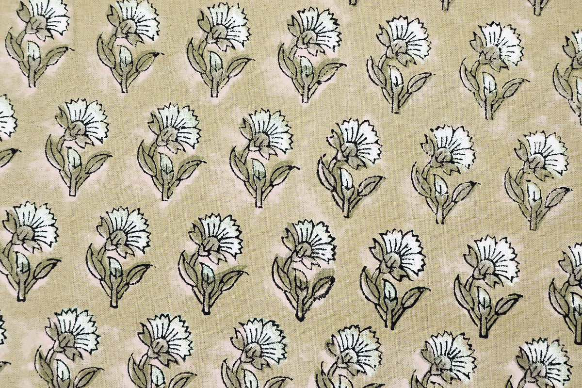 Floral Block Print Cotton Fabric: Brown & White Mughal Design