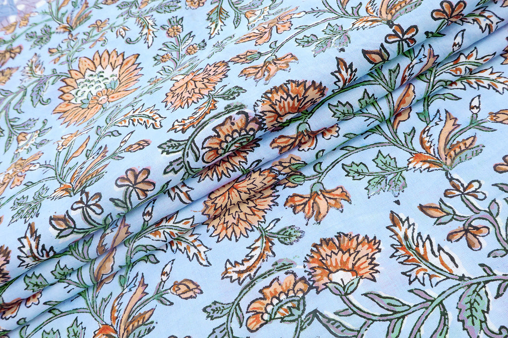 Blue Floral Blockprint Cotton Fabric: Handstamped Indian Fabric