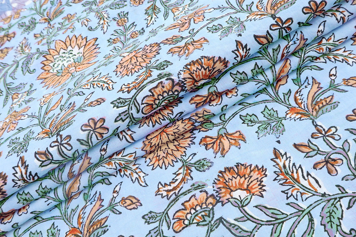 Blue Floral Blockprint Cotton Fabric: Handstamped Indian Fabric