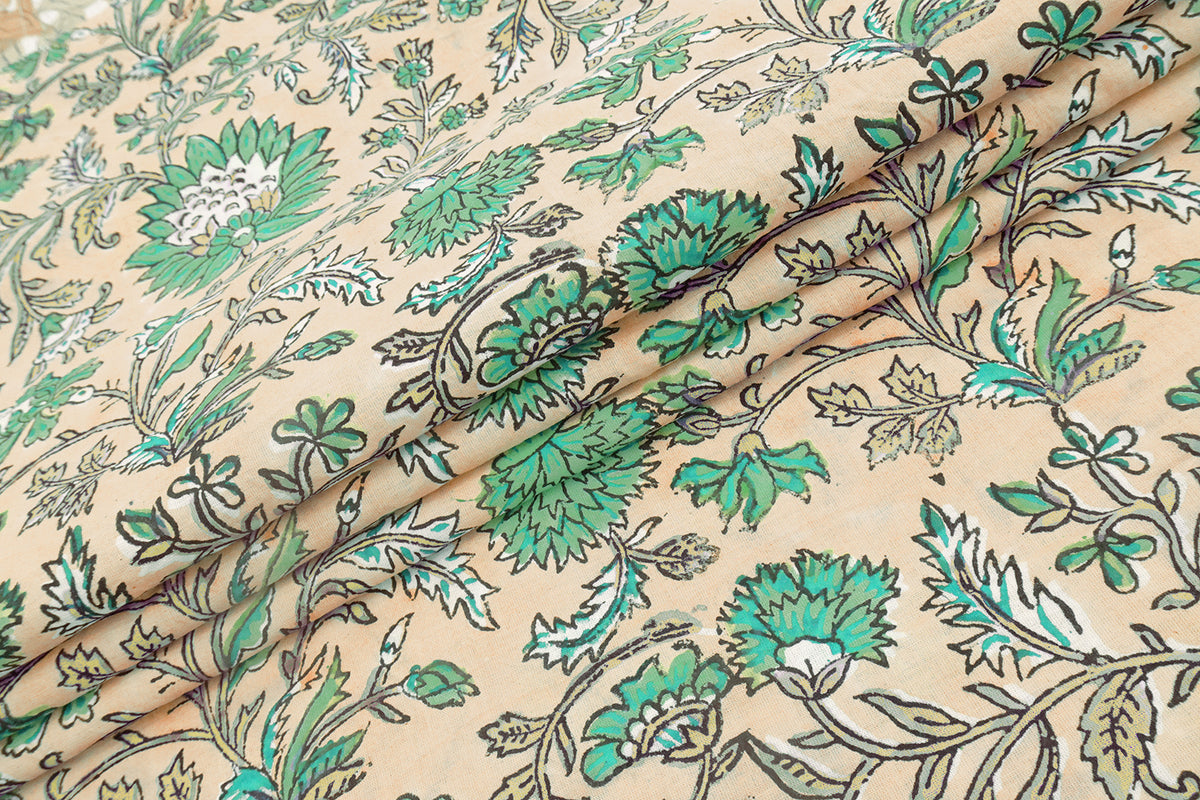 Floral Block Print Cotton Fabric: Orange & Green Mughal Design