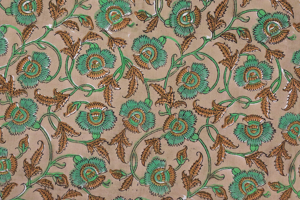 Floral Block Print Cotton Fabric: Orange & Green Indian Fabric