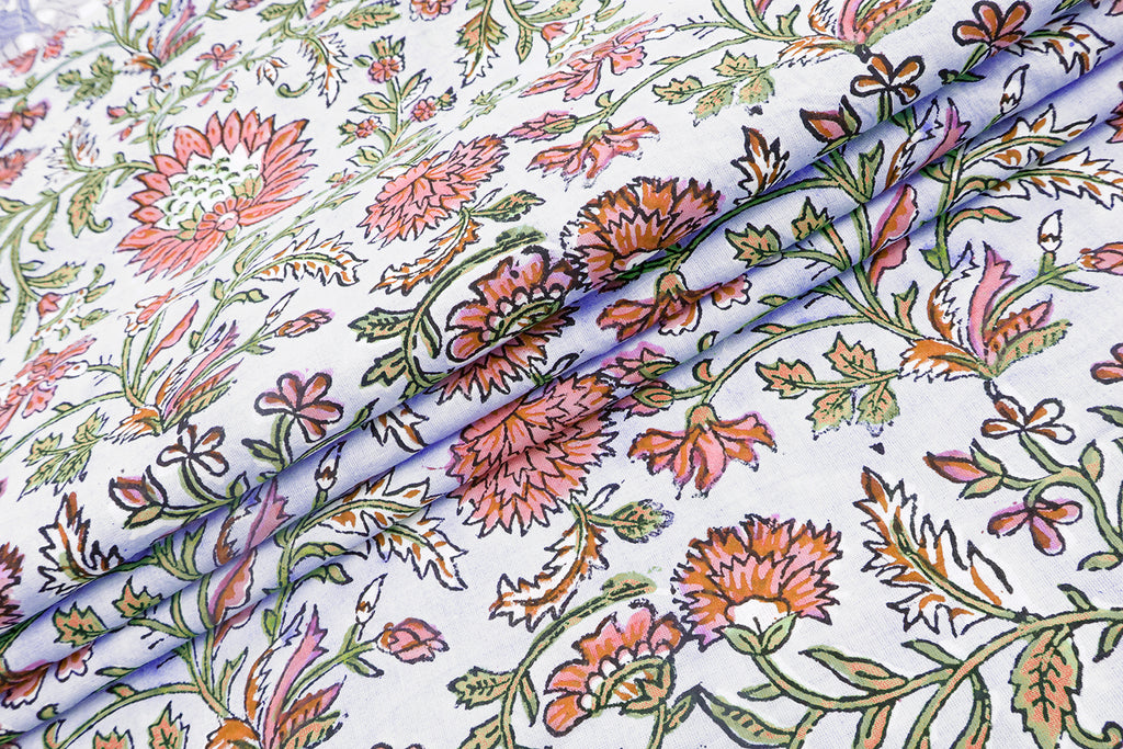 Pink Floral Block Print Cotton Fabric: Indian Handstamped Material
