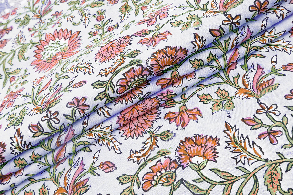 Pink Floral Block Print Cotton Fabric: Indian Handstamped Material