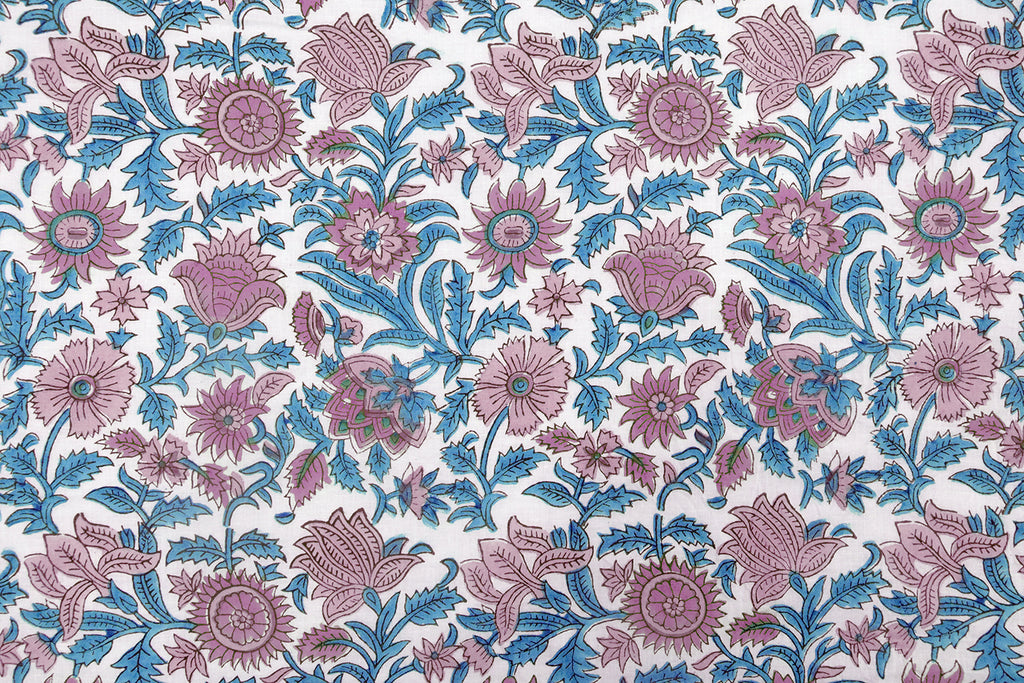 Hand Block Print Cotton Fabric: Pink, Blue Floral Indian Fabric by the Yard