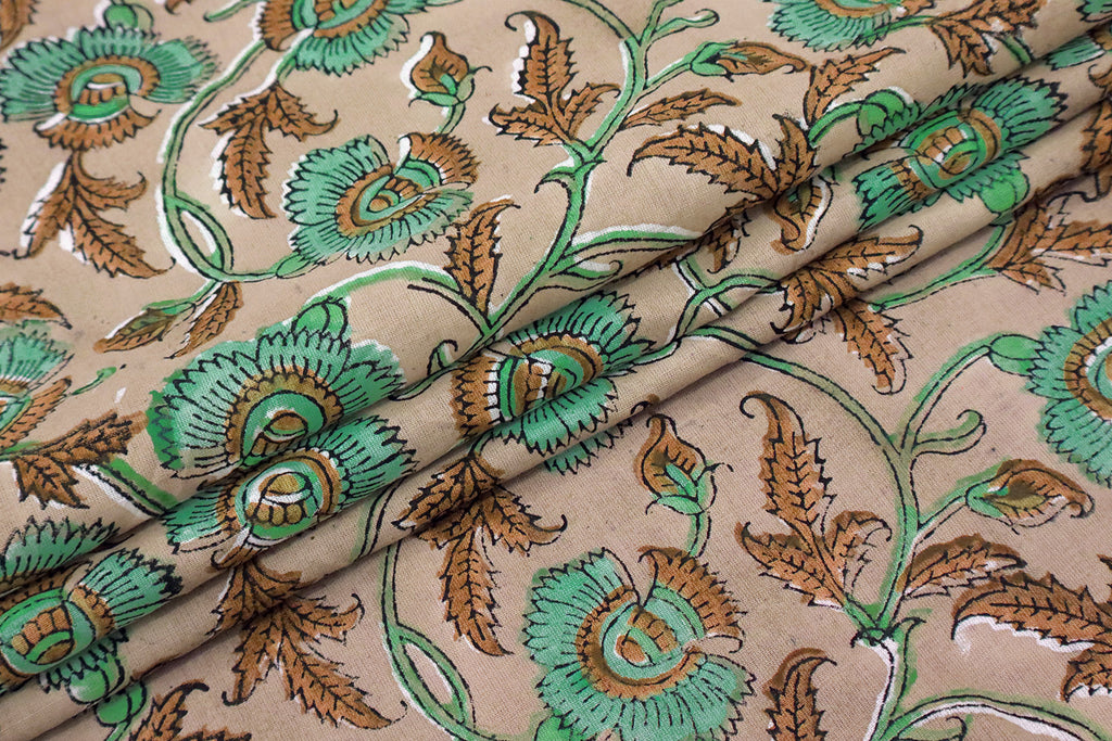 Floral Block Print Cotton Fabric: Orange & Green Indian Fabric