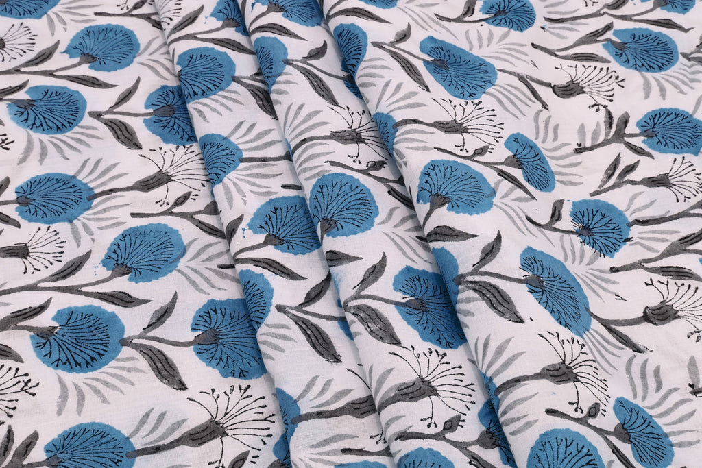 Blue Floral Blockprint Cotton Fabric: Handstamped Indian Fabric