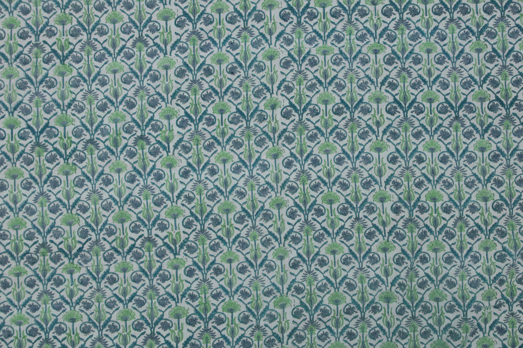 Floral Block Print Cotton Fabric: Blue, White & Green Indian Fabric