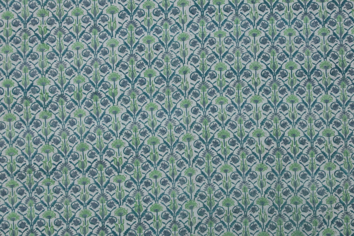 Floral Block Print Cotton Fabric: Blue, White & Green Indian Fabric