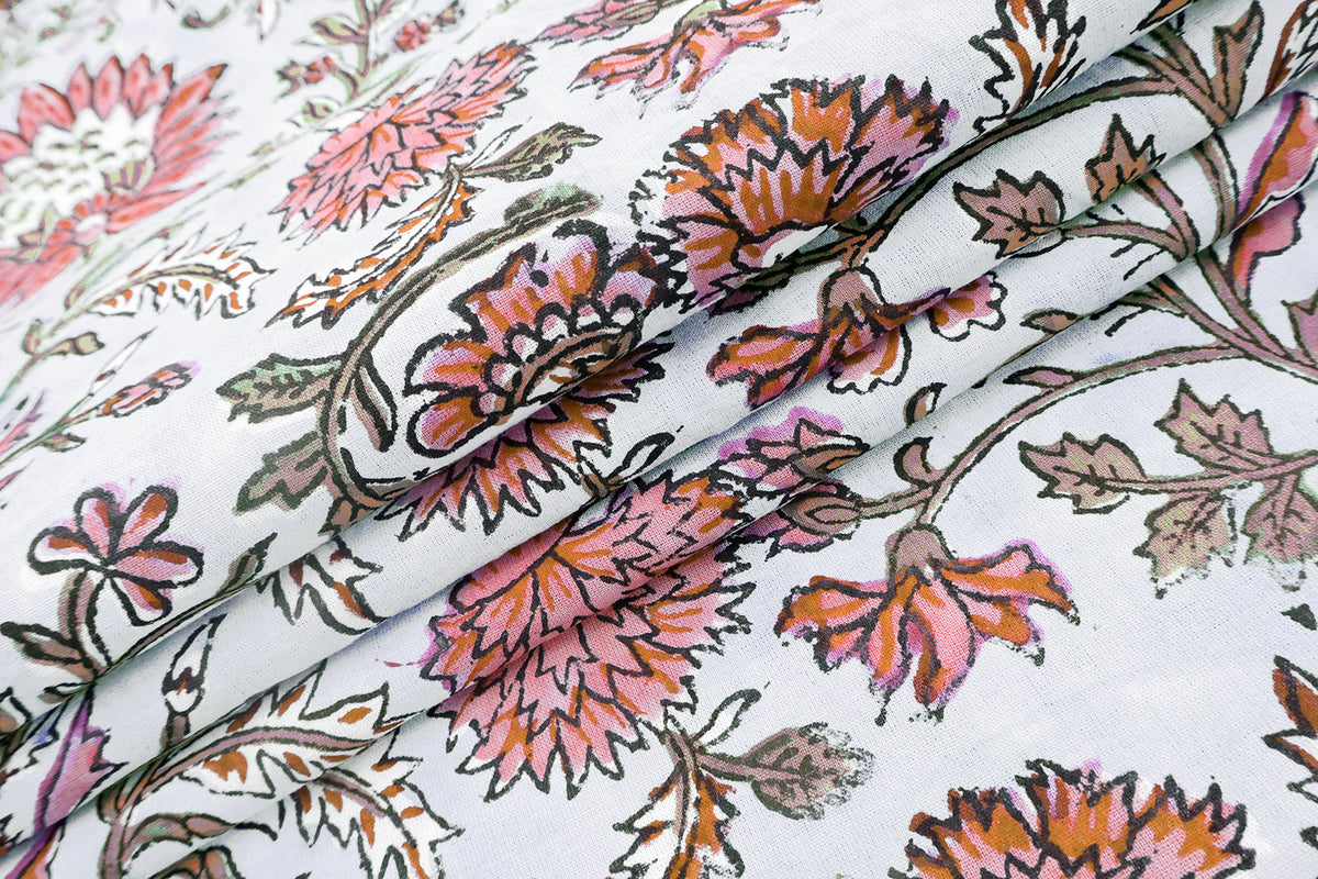 Pink Floral Block Print Cotton Fabric: Indian Handstamped Material